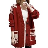 [ ニューネ ] ニットカーディガン アウター チェック柄 レディース Vネック 前開き 羽織り 前あき 大きい サイズ 羽織 ゆったり 女性用 温かいパジャマ はんてん エレガント 上着のみ 上のみ 上衣 上衣のみ 暖か 上着だけ あったか あったかい マタニティーパジャマ 暖かい 大人用 秋冬 ロング丈 部屋着 大判 厚地 大人 赤 可愛い 上 上着 防風 防寒 レッド 3A-W13-RDXL