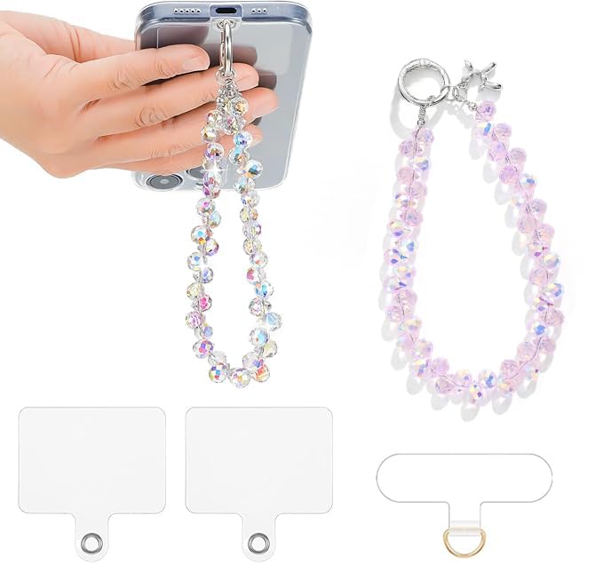 2 pcs Phone Wrist Strap Crystal Phone Charm Chain Keychain Beaded Cellphone Lanyard Detachable with 3 Tether Tab Hands-Free Wristlet Bracelet Wrist Grip for Women Girls Universal for iPhone White Pink