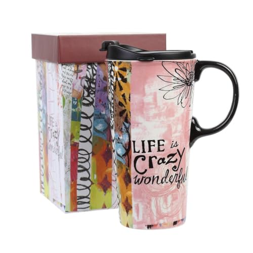 Topadorn Ceramic Travel Mug with Sealed Lid Coffee Cup Latte Mug for Home and Office Gift Box (Life is crazy wonderful)