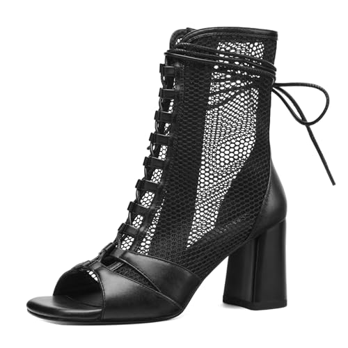 Mesh Chunky High Heel Sandals Booties for Women, Peep Toe Gladiator Sandals with Lace Up Straps, Side Zipper, Sexy Breathable Fishnet Combat Short Boots Shoes