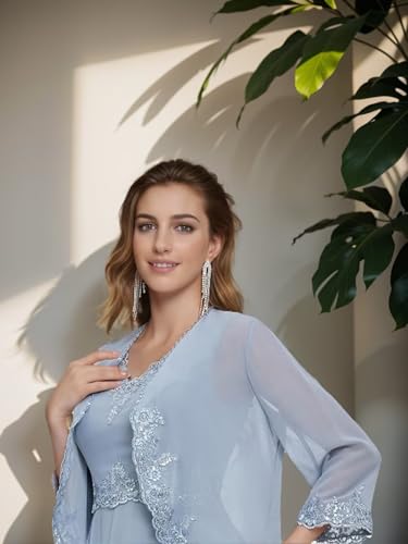 3 Pieces Chiffon Lace Mother of The Bride Pant Suits for Wedding Women's Sequin Applique Formal Evening Pant Sets with Jacket3
