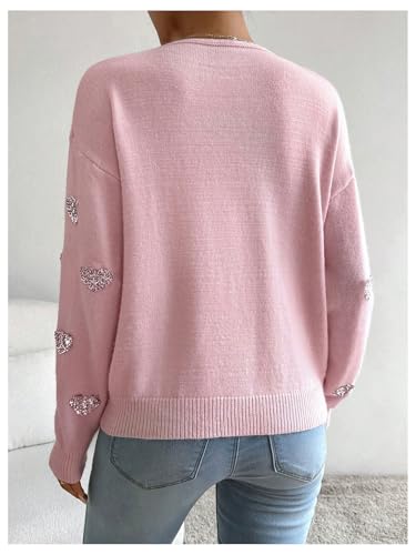 MakeMeChic Women's Glitter Sequin Heart Pattern Sweater Long Sleeve V Neck Knit Tops2