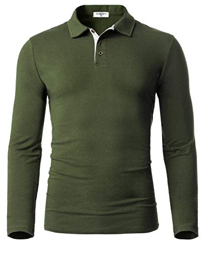 Derminpro Men’s Slim Fit Polo Shirts Soft Thermal Long Sleeve Cotton Shirts Army