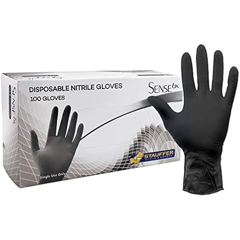 Heavy Duty Black Disposable Nitrile Gloves, 6mil, Stauffer Sense6, Latex Free, 12" Extra Long Cuff, Tough & Strong - Medium (Box of 100) Cover
