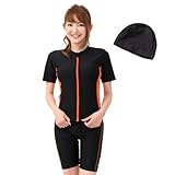 [ル モード デ トア] フィットネス水着 レディース セパレート 半袖 スイムキャップセット 女性 セパレート めくれ防止 F135 (【めくれ防止】 ブラック＆オレンジ, 9M)