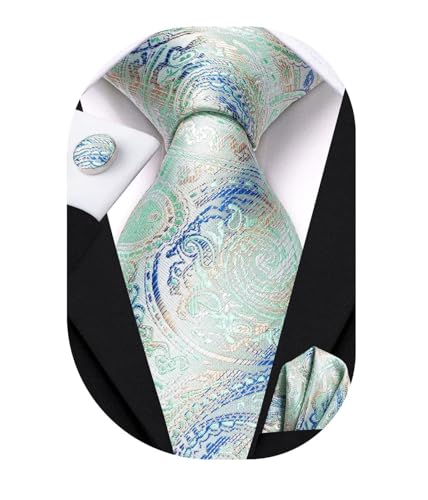 Image of Hi-Tie Paisley Floral Ties Set for Men Silk Mens Stripes Necktie Pocket Square Cufflinks Set Formal Business