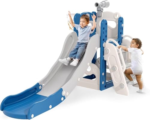 Tobogán infantil grande con canasta de baloncesto, estructura de escalada para jardín, telescópico, espacio de almacenamiento (5 en 1 Naughty Bear Azul))