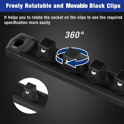 Image of WORKPRO Magnetic Socket Organizer, 3 /8-Inch Drive Aluminum Alloy Socket Rail, Heavy Duty Socket Holder, Socket Rack Kit 3 /8-Inch x 10 Clips Black (Socket not Included)