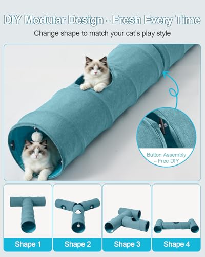 Image of Cat Tunnel, 3 Straight Shaped Tunnels 6 DIY Shapes with Wand Toys, No Noise Scratch Resistant Cool Linen Fabric, Interactive Pet Tunnel Tube for Indoor Cats, Puppy and Rabbits
