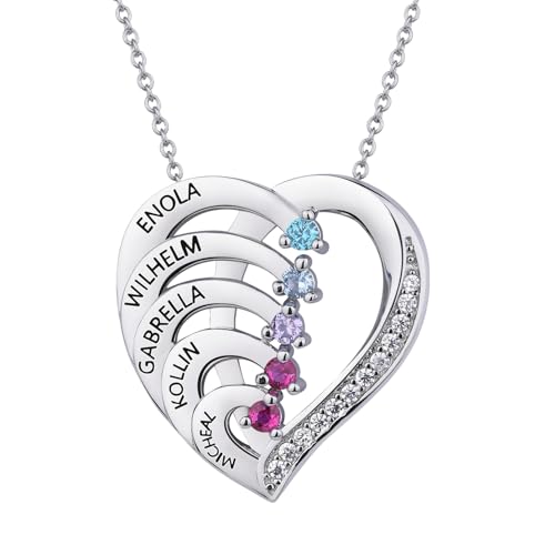 Personalized Sterling Silver Mothers Name Necklace with 1-5 Simulated Birthstones Custom Heart Pendant Necklace Personalized Gift for Mother's Day Christmas