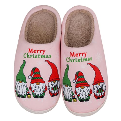 Snugeasy Christmas Slippers Reindeer for Womens Mens Soft Plush Comfy Warm Fuzzy Slippers Red Moose Santa Claus Indoor Outdoor Slip On House Slippers Christmas Gifts, Dwarf Pink, 7.5-8.5 Women/6.5-7.5
