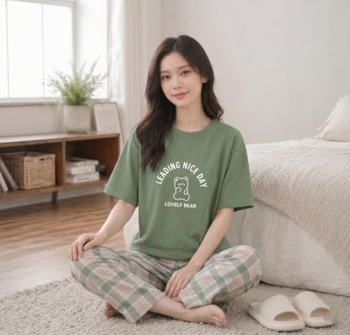 Image of Women's Korean Style Looper Fabric Nightsuit Set | Cute Print Half Sleeve T-Shirt & Pajama Set | Soft Comfortable Nightwear & Loungewear for Women