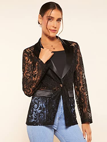 WDIRARA Women's Floral Lace Mesh One Button Lapel Neck Long Sleeve Elegant Jacket Blazer3