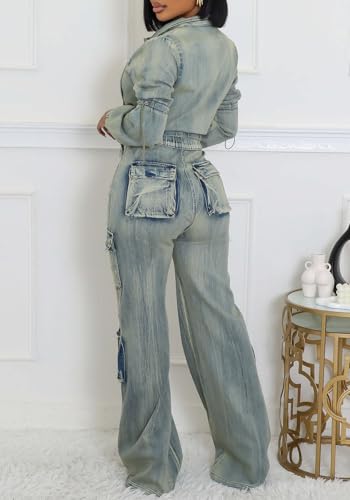 Tbahhir Womens 2 Piece Sets Denim Outfits Long Sleeve Crop Jean Jackets Cargo Pants with Pockets Y2k2