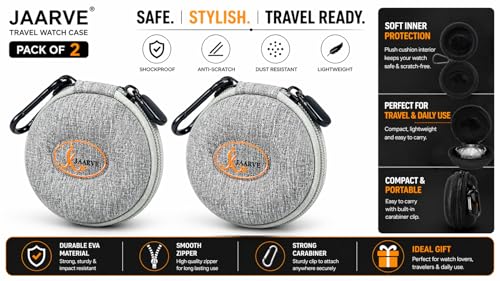 Image of Travel Watch Case - Hard Shell Portable Watch Storage Box with Carabiner Clip | Shockproof Zipper Watch Organizer for Men & Women | Protective Watch (Grey 1 pcs + Grey 1 Pcs)
