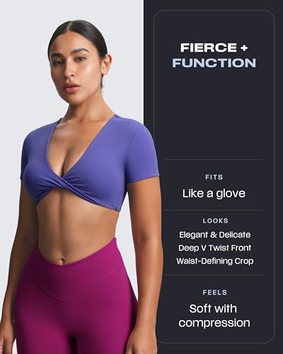 Image of Aoxjox Short Sleeve Crop Tops for Women Sienna Twist Deep V Workout Cropped T Shirt Top