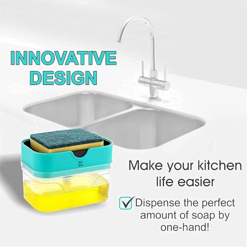 Image of 2 in 1 Soap Dispenser for Kitchen Sink | Plastic Dish Soap Pump Dispenser with Sponge Holder | Liquid Soap Dispenser for Bathroom Wash Basin | Leak Proof Countertop Organizer