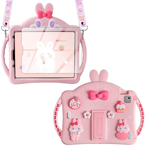 WESADN for iPad Air 5th Generation Case iPad Pro 11 Inch Case 4th/3rd/2nd/1st for Kids Girls with Screen Protector Shoulder Strap Kickstand Cute Rabbit Silicone Tablet Cover for iPad Air 4 Pink Cover