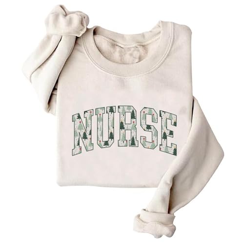 Image of TONGCHEN Christmas Registered Nurse Sweatshirt for Women Holiday Shirt Nurse Tree Crewneck Sweatshirts Winter (US, Alpha, Large, Regular, Regular, Khaki)