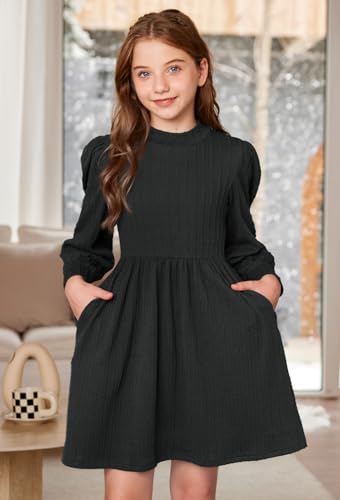 BesserBay Girls Fall Knit Textured Mock Neck Puff Long Sleeve Midi Dress with Pockets 6-14 Years2