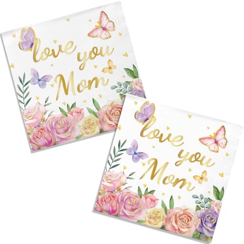 50 Pack Mothers Day Paper Napkins Disposable Love You Mom Gold Foil Floral Print for Happy Mothers Day Party Decorations