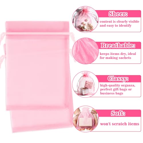 Image of Sukh Pink Organza Bags 5''x7'' - 100pcs Sheer Mesh Drawstring Bags for Jewelry, Soap, Fruits, Candy, Small Gift Bags for Weddings, Valentine's Day, Mother's Day, Halloween, Thanksgiving, Christmas