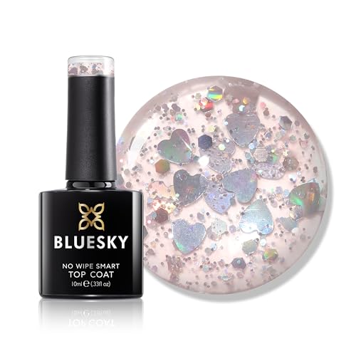 Bluesky Heart Romance No Wipe Top Coat 10ml Pink Heart Glitter Gel Nail Polish for 21 Day Manicure Requires Curing Under LED UV Nail Lamp