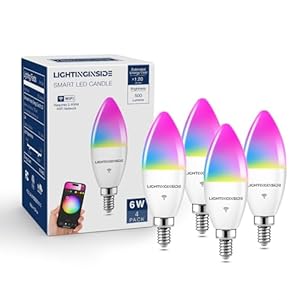 Smart Candelabra LED Bulbs 60 Watt Equivalent, 500LM 6W, E12 LED Bulb Compatible with Alexa/Google Assistant/Smart Life, RGBCW Candle, No Hub Required, 2.4G WiFi Only, ETL Listed, 4PCS