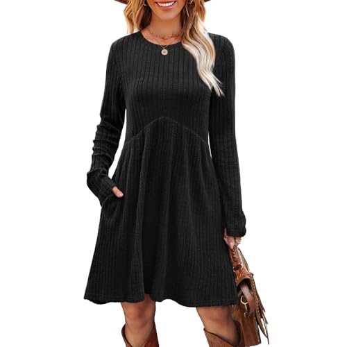 Kleid Damen,Damen Kleid Rundhals Strickkleid Leicht Herbstkleid Mit Taschen Langarm Tunikakleid Kleider Für Herbst Winter（01-Schwarz,XXL）
