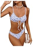 Milumia Women's 2 Piece Bikini Sets Ditsy Floral Swimsuit Tie Back Swimwear Blue and White Small