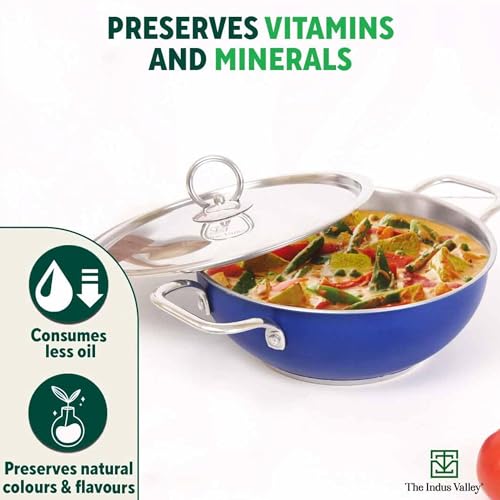 Image of The Indus Valley Coloured Stainless Steel Kadai with Steel Lid | Blue, Large, 28.8cm / 11.3 inch, 4.5Ltr, 1.2kg | Induction Friendly | Nonstick 3-Layer Bottom, 100% Toxin-Free, No Chemical Coating