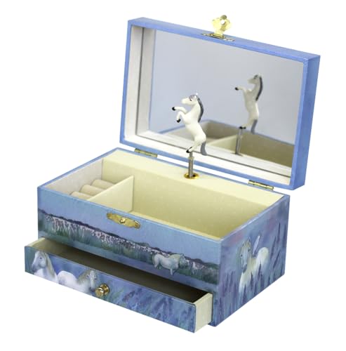 TROUSSELIER - Boîte à Bijoux Musicale Cheval Camargue - Idéal Cadeau Jeune Fille - Phosphorescent - Brille dans la nuit - Musique Lullaby de Schubert - Colori Bleu