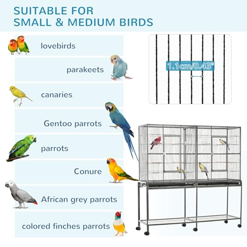 PawHut-65-Double-Rolling-Metal-Bird-Cage-Feeder-with-Detachable-Rolling-Stand-Storage-Shelf-Wood-Perch-Food-Container
