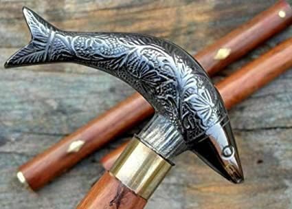 Miniatura 3 de Paramount Nautical Store - Bastones de latón victoriano con mango de cabeza de pez de madera antigua, bastones náuticos, regalo de bastones antiguos