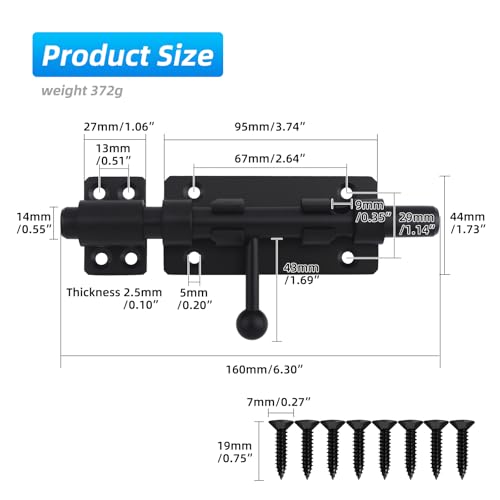 Image of Barrel Bolt Latch, 6.3 inch Heavy Duty Gate Latch Slide Lock Solid 304 Stainless Steel Bolt Lock for Inside Door, Finished Shed Door Latch (2 Pack, Black)