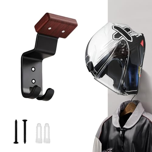 DOTANLEXO Motorcycle Helmet Holder Wall Mount - Heavy Duty Helmet Hanger Rack with 2 Key Hooks Solid Wood & Strong Steel Design for Bike Football Skiing Sports Gear Jackets & Hats (1)