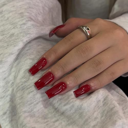 Medium Long Press On Nails Coffin Nails Press Ons Gloss,KQueenest Warm Red Color Christmas Long Fake Nails For Women Girls,Thick Gel Square Tip Nails Acrylic False Nails Set,24 Pcs