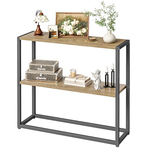 TIQLAB Small Entryway Table, 29.5″ Narrow Console Table with Shelves, Sofa Table, Couch Table, Side Table, Entry Table for Hallway, Living Room, Small Space, Grey