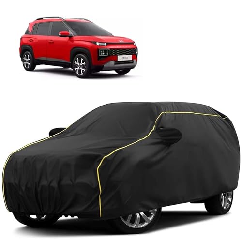 Image of Sulfar 100% Water Resistant Car Body Cover Compatible with Mirror for Hyundai Exter (Triple Stitched, Full Bottom Elastic, Black Tafetta with Yellow Piping)