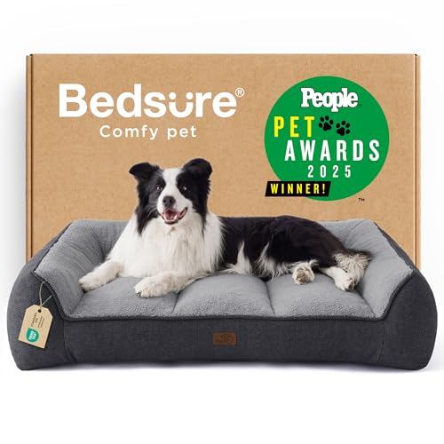 Bedsure Lettino Lavabile per Cani Grande - 96x71cm Divano per Cani Extra Spesso e di Sostegno con Rivestimento Impermeabile, Cuccia Antiscivolo in Peluche Sherpa Morbido, Grigio Scuro