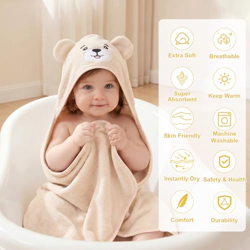 Image of 12 PCS Baby Towels Set, Baby Bath Towels for Toddlers Newborn Essentials | Super Thick Absorbent, Cute Animal Hooded, Soft Cozy, 4 Baby Towels & 8 Washcloths for Boy Girl Gifts (Dog, Duck, Frog, Bear)