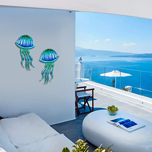 LIFFY Metal Jellyfish Wall Decor - Ocean Tropical Fish Wall Art - Glass Metal Fish Wall Decor for Pool, Beach, Bathroom, Living Room, Bedroom - 15inch, 2Pcs