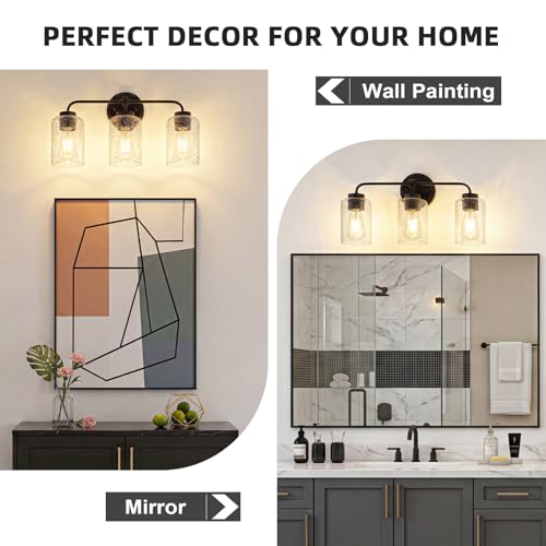 Image of 3-Light Bathroom Vanity Light Fixtures, 18 Inch Black Vanity Light | Thick Seeded Glass, Bathroom Wall Lamp for Mirror, Rust-Proof, Reversible Up /Down Mount, ETL Certified, E26 Ceramic Sockets
