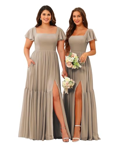 SEIM Women's Flutter Sleeve Bridesmaid Dresses with Slit Long Square Neck Chiffon Formal Dress SE980
