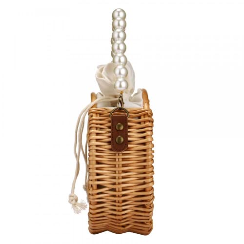 Image of Beach Bag Purse for Women, Natural Hand-woven Rectangular Wicker Handbag, Pearl Basket Purse, Retro Summer Straw Tote Bag