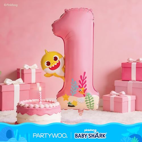 Image of PartyWoo Baby Shark Pink Foil Number 1 Balloon 40 Inch Pink Mylar Helium Birthday Number Balloons for Girls and Boys Baby Shark Under the Sea Ocean Theme Kids First Birthday Party Decorations