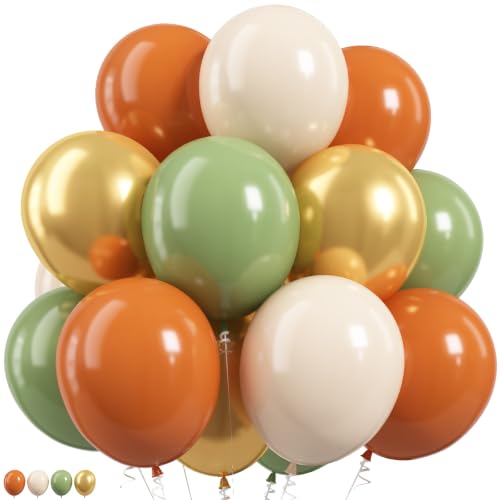 Image of Orange Green Sand White Gold Balloons, Fall Balloons for Fall Party Decor | 12 Inch Burnt Orange Sage Green Gold Balloons for Thanksgiving Autumn Baby Shower Birthday Little Pumpkin Party Decorations