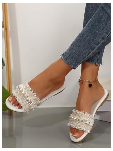 Women's Pearls Chain Flat Sandals Dressy Open Toe Slip On Flats Summer Casual Outdoor Slide Sandals2