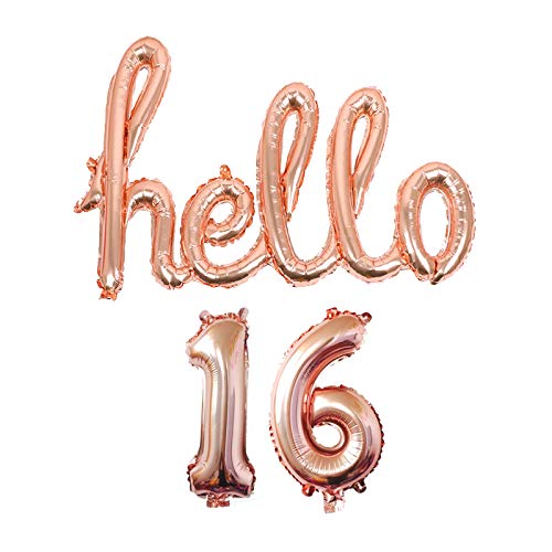 AnnoDeel Hello 16 Banner Foil Balloons, 32inch Rose Gold one-piece Letter Mylar Balloonss for Sixteen Birthday Celebration Party Decor
