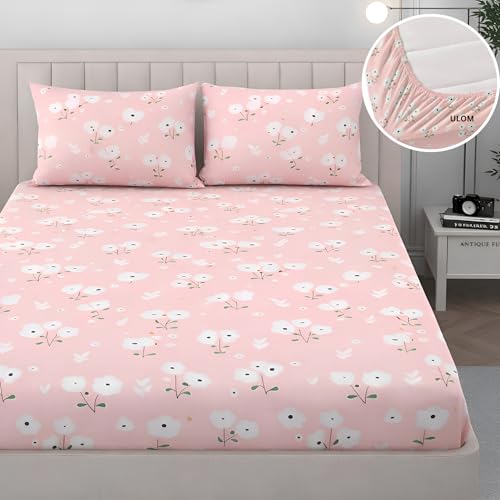 Image of 350 TC Premium Heavy Cotton Feel Elastic Fitted Bedsheet Queen Size with 2 Pillow Covers || Double Bed with All Around Elastic (Pink & Beige, Fitted - Double72x72)